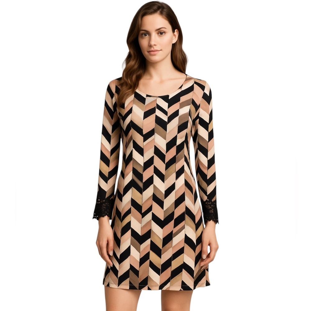 Robert Louis NWT Dress Retro Neutral Chevron Geometric Print Lace Cuff size S